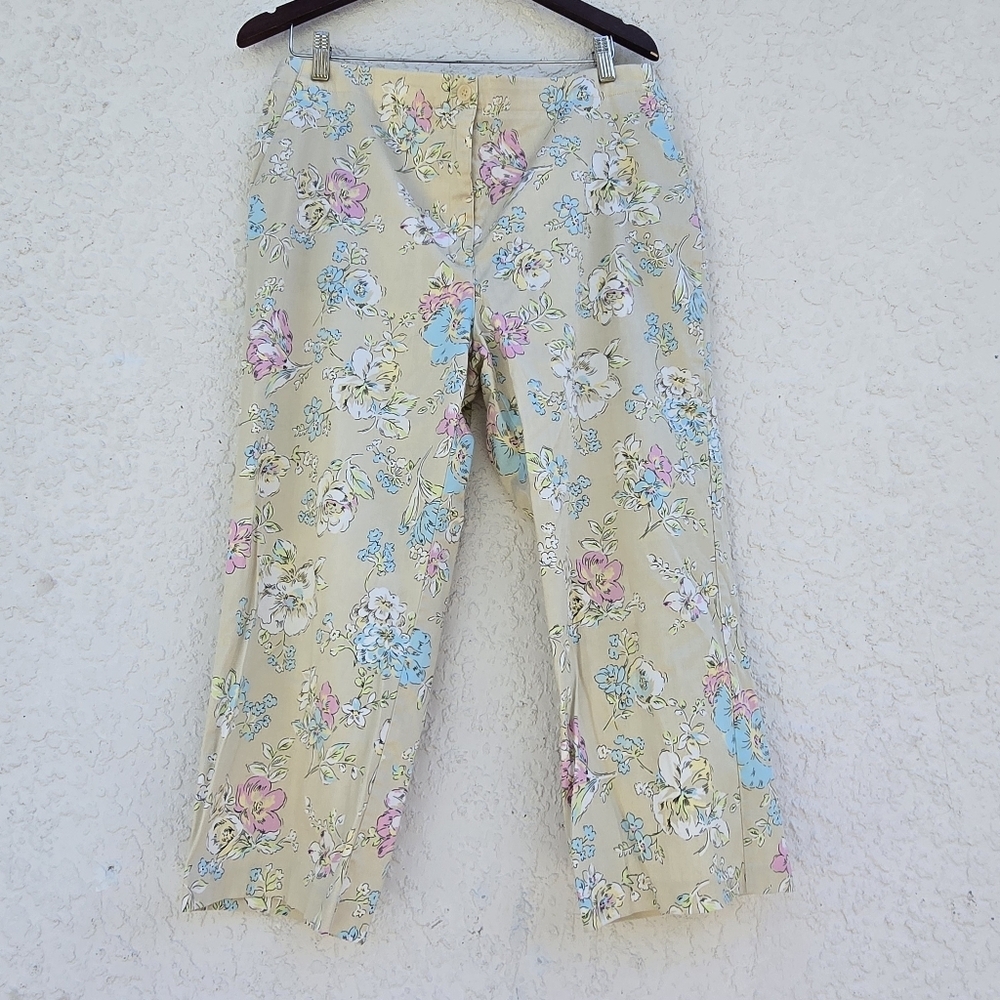 Oscar Dw La Renta Floral Print Beige Pants Size 14